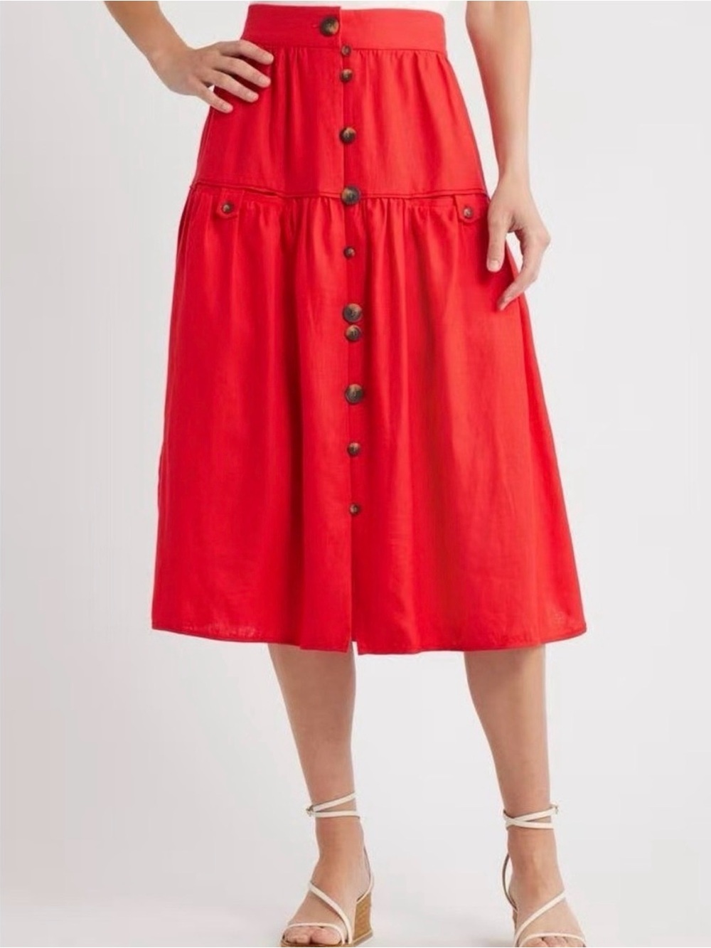 NWT Farm Rio 100% Linen Vibrant Red Button Skirt Size S Midi